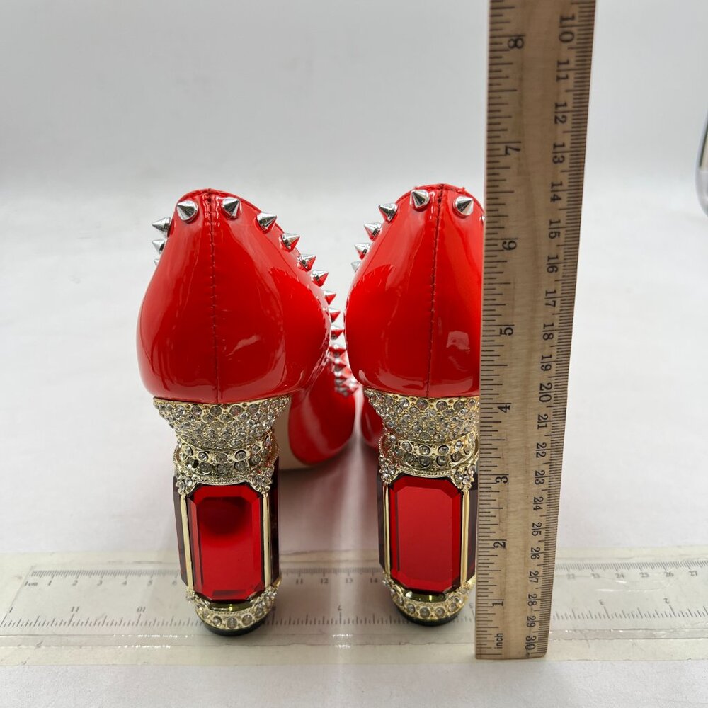 FSJ Red Bridal Pointed Toe High Heel Crystal Pumps Slip on Wedding Rivets Shoes - Picture 4 of 7